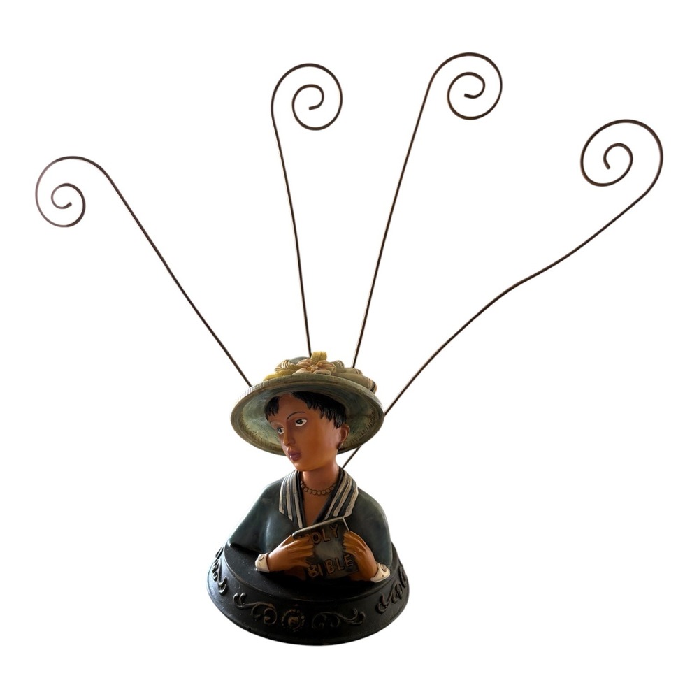 Vintage Religious Woman in Church Hat Figurine Photo Note Holder Holy Bible Bust